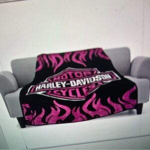 Harley-Davidson 2-ply Mink Blanket -Black & Purple Flames Queen NWT 90x90